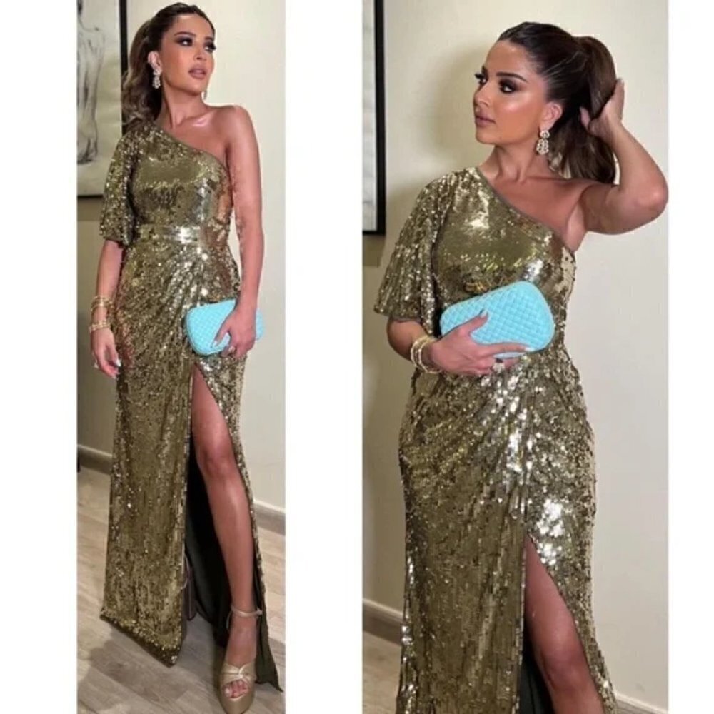 MAC DUGGAL One-Shoulder Sequin Column Gown in Gold Size US 12 NWT